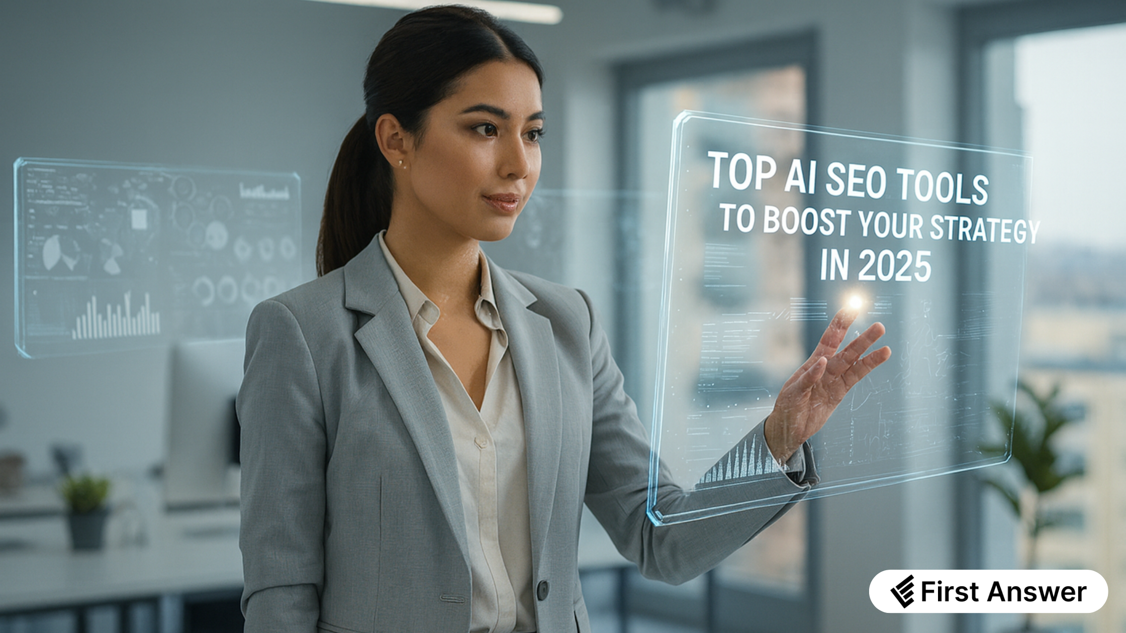 Businesswoman interacting with a futuristic holographic interface displaying “Top AI SEO Tools to Boost Your Strategy in 2025” in a modern office setting.