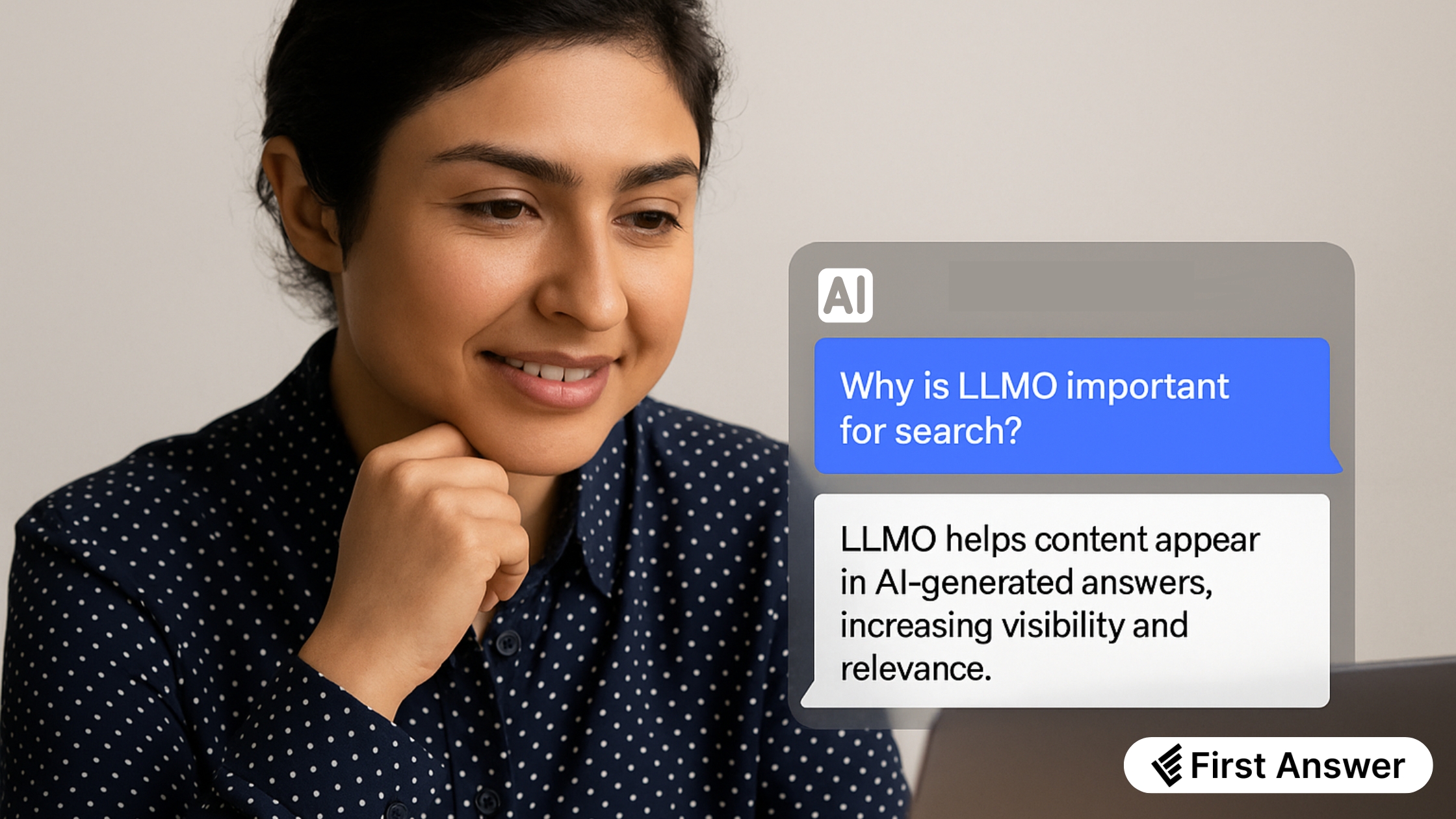 A focused professional interacts with an AI assistant to learn about LLMO (Large Language Model Optimization), capturing the shift from traditional SEO to being directly cited in AI-generated answers by tools like ChatGPT, Bing Copilot, and Google SGE—the new frontier of digital visibility.