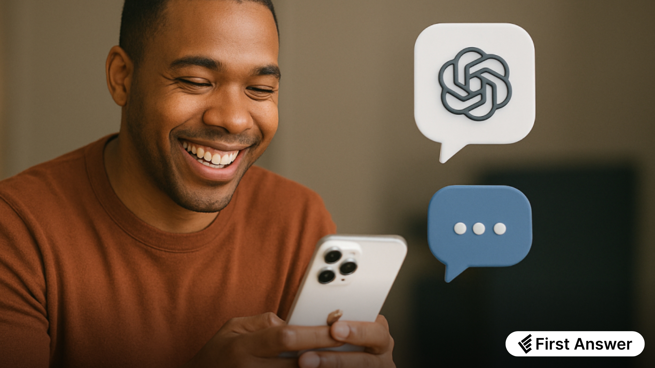 Smiling man interacting with AI-generated responses on smartphone, symbolizing brand visibility in ChatGPT and conversational search — First Answer 2025 SEO with AI guide.